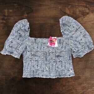 Roxy Sunset Walks Puff Sleeve Crop Top | NWT | Navy & White | Size XL